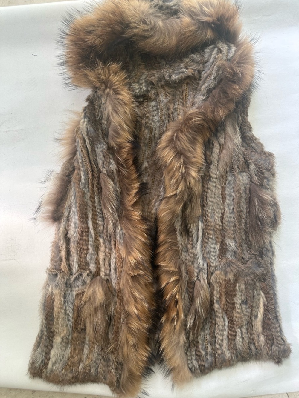 Faux Fur Knit Vest w hood in Warm Brown Tones